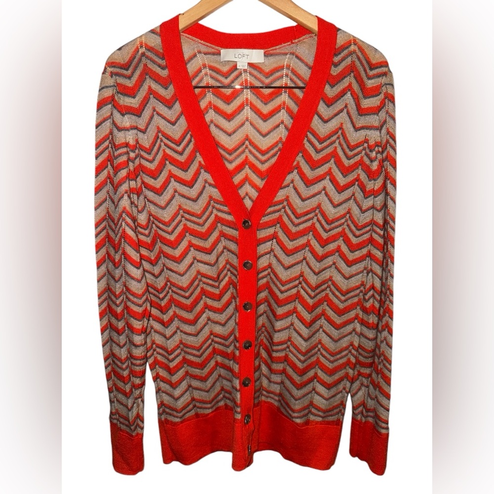Ann Taylor Loft Orange Tan Gray Chevron Striped Cardigan Sweater Sz Medium Wool